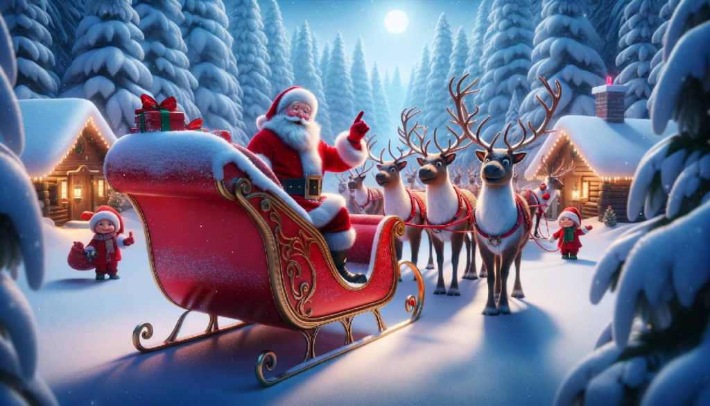 Santa on the Sleigh with Reindeer getting ready to fly!