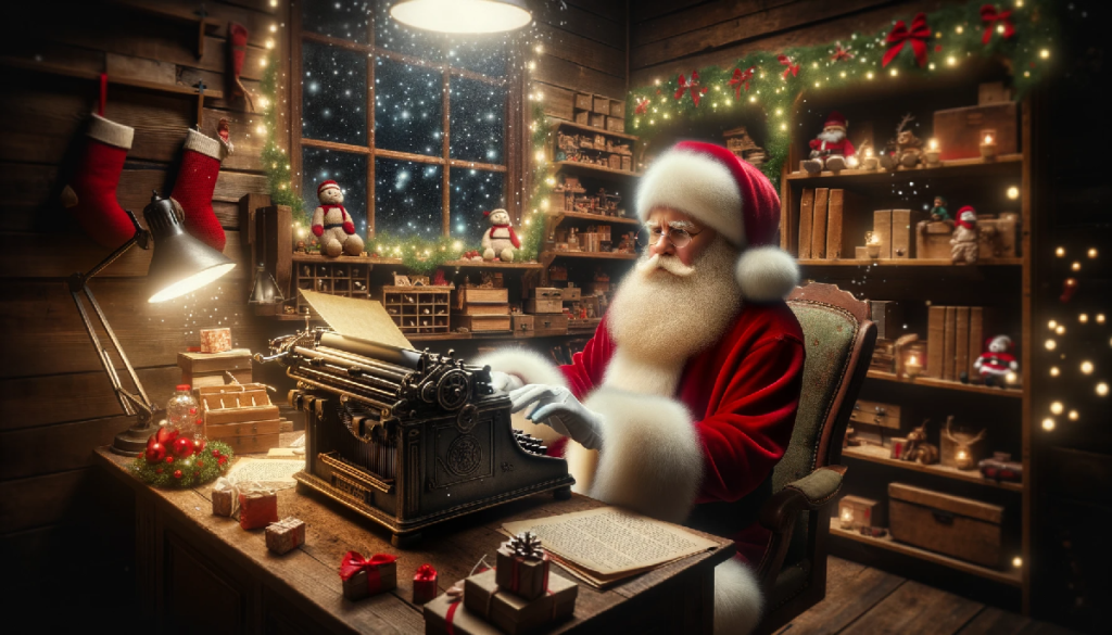 Talk-To-Santa-Claus-in-his-workshop-office,-with-wooden-walls-and-shelves-filled-with-toys