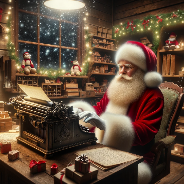 Talk-To-Santa-Claus-in-his-workshop-office,-with-wooden-walls-and-shelves-filled-with-toys